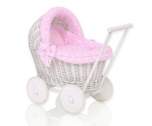 Wiklinowy wózek dla lalek pchacz biały z różową pościelką i miękką wyściółką