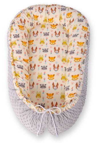 Premium doppelseitig Babynestchen Coccoon BOBONO Minky- creme Tierchen