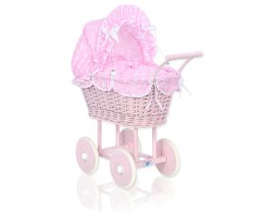 Wiklinowy wózek dla lalek wysoki z pościelką i wyściółką- różowy
