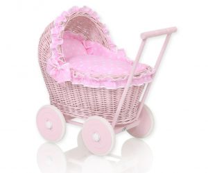 Wiklinowy wózek dla lalek pchacz różowy z różową pościelką i miękką wyściółką