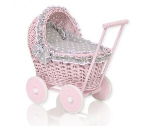 Wiklinowy wózek dla lalek pchacz różowy z szarą pościelką i miękką wyściółką
