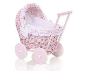 Wiklinowy wózek dla lalek pchacz różowy z białą haftowaną pościelką i miękką wyściółką