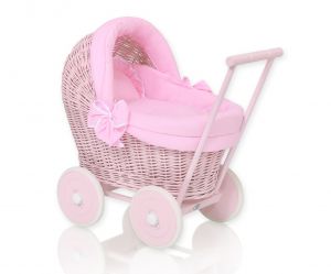 Wiklinowy wózek dla lalek pchacz różowy z różową pościelką i miękką wyściółką