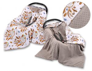 Duży otulacz dla niemowląt do fotelika nosidełka wózka dwustronny- łapacze snów białe/popielaty brąz