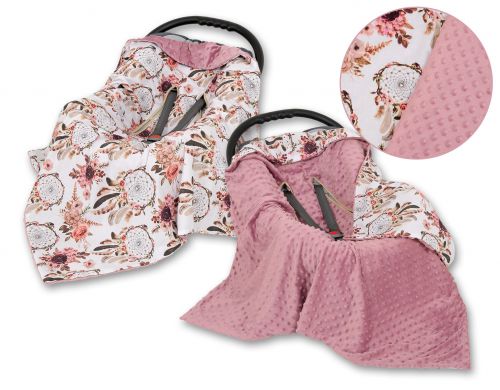 Duży otulacz dla niemowląt do fotelika nosidełka wózka dwustronny - łapacze snów kwiatowe/róż retro