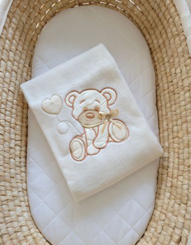 Kocyk polarowy dla niemowląt - Miś z kokardką kremowy