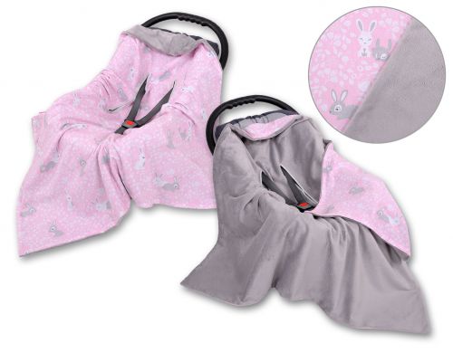 Duży otulacz dla niemowląt do fotelika nosidełka wózka dwustronny - króliczki różowe