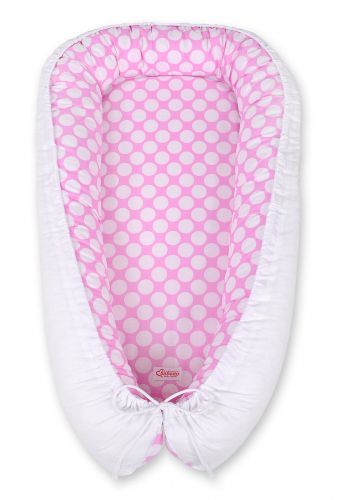 Kokon niemowlęcy dwustronny kojec otulacz Premium BOBONO- kółeczka różowe/biały