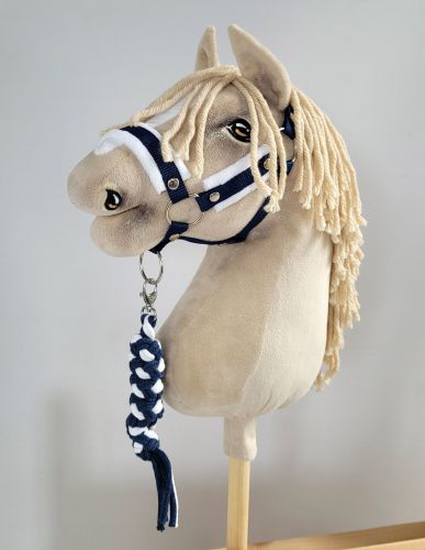 Set for Hobby Horse: the halter A3 with white furry + Tether made of cord - white-navy blue
