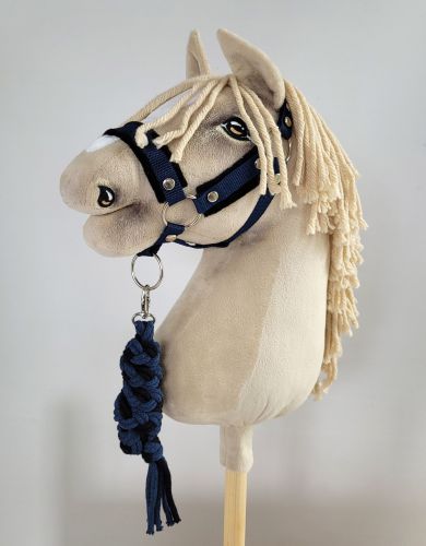 Set for Hobby Horse: the halter A3 with black furry + Tether made of cord - black-navy blue