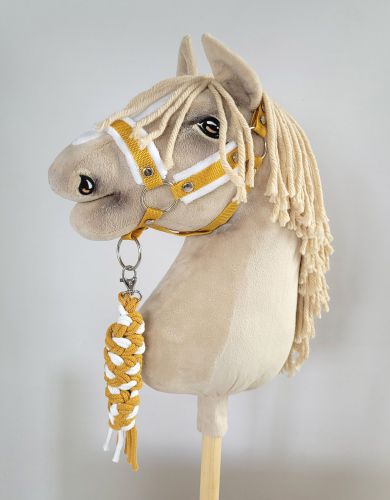 Zestaw do Hobby Horse: kantar A3 z białym futerkiem + uwiąz ze sznurka - biało-musztardowy