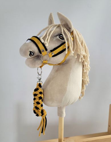 Set  für Hobby Horse: Die Halfter A3 mit schwarzer Pelz + Halfter aus Kordel - black-honey yellow