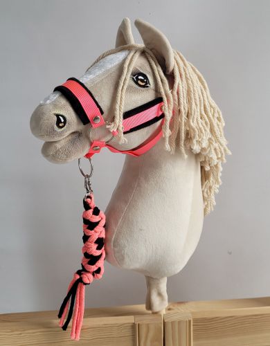 Set for Hobby Horse: the halter A3 with black furry + Tether made of cord - neon-pink/ black
