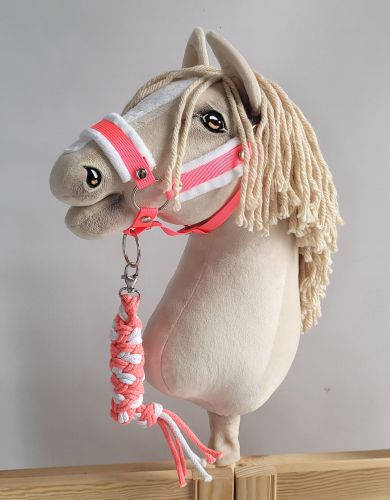 Set  für Hobby Horse: Die Halfter A3 mit weißem Pelz + Halfter aus Kordel -neon-pink/ weiß