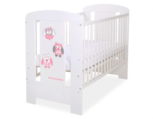 Drewniane białe łóżeczko dla niemowląt 120x60cm Sówki szaro-różowe