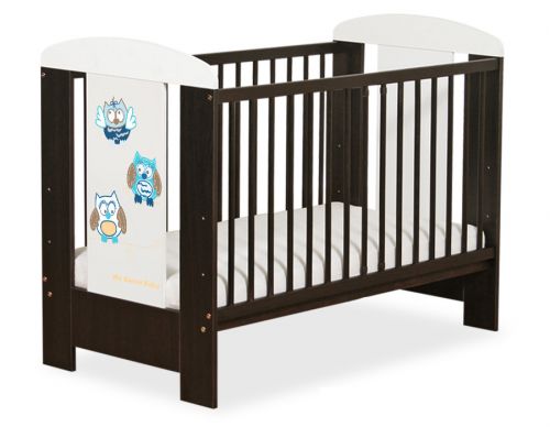 Drewniane brązowe łóżeczko dla niemowląt 120x60cm Sówki niebiesko-brązowe