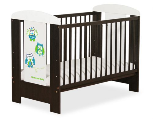 Drewniane brązowe łóżeczko dla niemowląt 120x60cm Sówki zielono-turkusowe