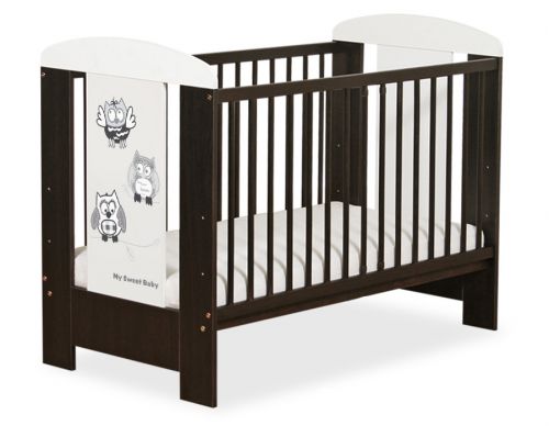 Drewniane brązowe łóżeczko dla niemowląt 120x60cm Sówki szare