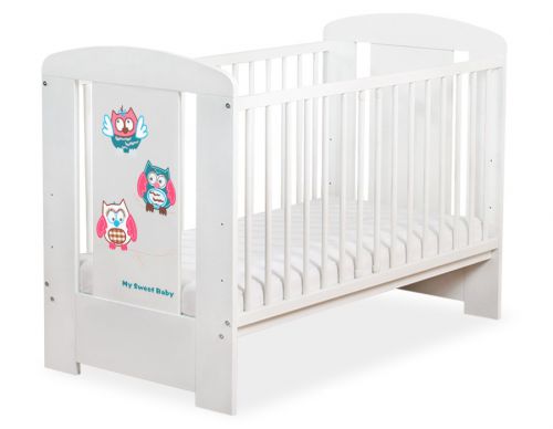 Drewniane białe łóżeczko dla niemowląt 120x60cm Sówki różowo-turkusowe
