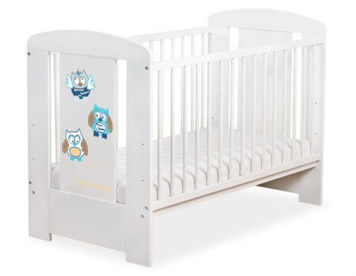 Drewniane białe łóżeczko dla niemowląt 120x60cm Sówki niebiesko-brązowe