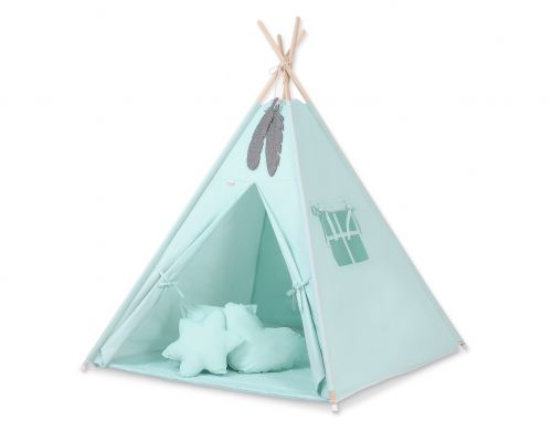 Namiot TIPI dla dzieci + mata + poduszki + zawieszki pióra - jasna mięta