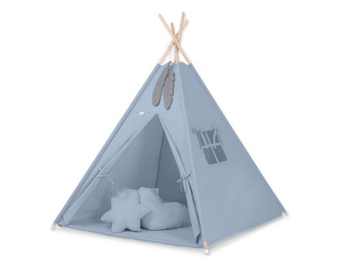 Namiot TIPI dla dzieci + mata + poduszki + zawieszki pióra - brudny niebieski