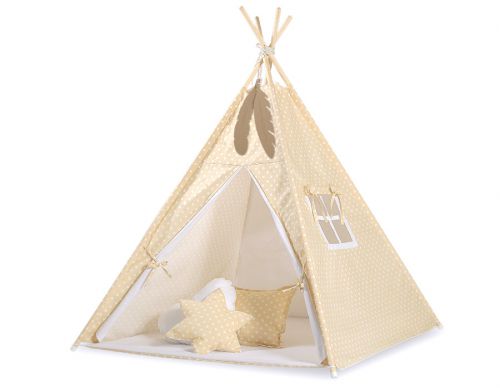 Namiot TIPI dla dzieci + mata + poduszki + zawieszki pióra - Białe grochy na beżu