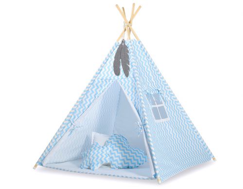 Namiot TIPI dla dzieci + mata + poduszki + zawieszki pióra - Chevron niebieski