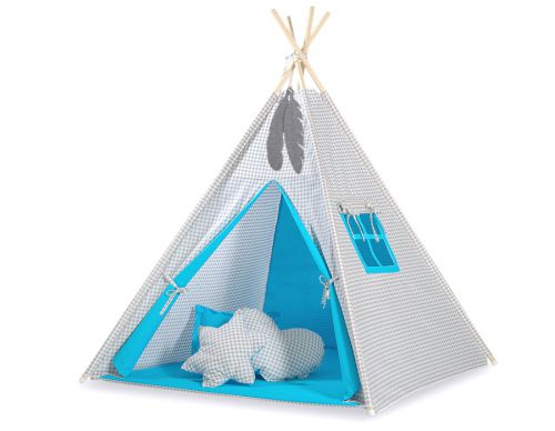 Namiot TIPI dla dzieci + mata + poduszki + zawieszki pióra -  Kratka szara z turkusem