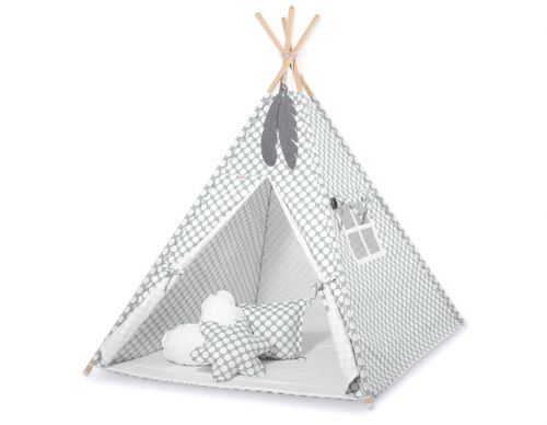 Namiot TIPI dla dzieci + mata + poduszki + zawieszki pióra -  kółeczka szare