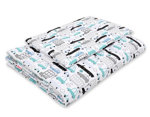 Bedding set 2-pcs with filling 135x100 cm - gray and turquoise cars