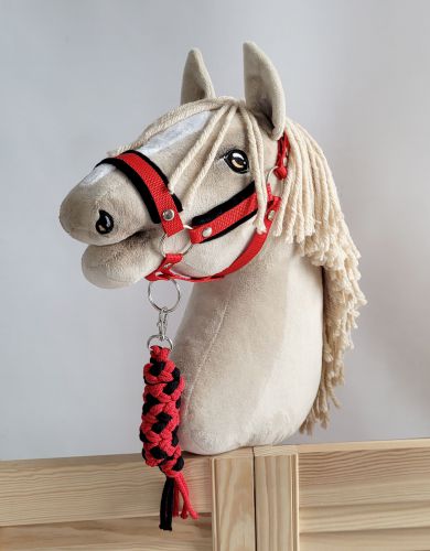 Zestaw do Hobby Horse: kantar A3 z czarnym futerkiem + uwiąz ze sznurka – czarno-czerwony