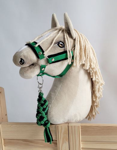 Zestaw do Hobby Horse: kantar A3 z czarnym futerkiem + uwiąz ze sznurka – czarno-zielony